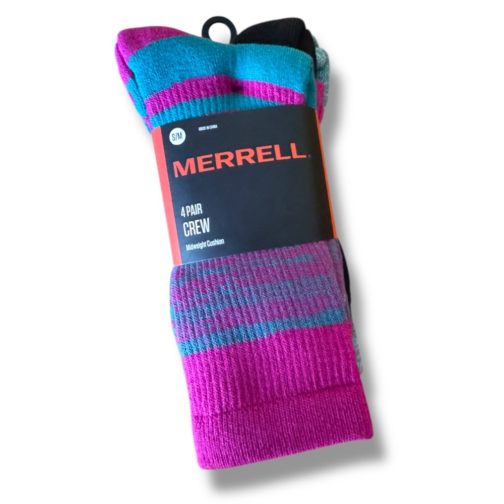 Merrell Womens 4 Pair Crew Socks - Black, Teal, and Pink